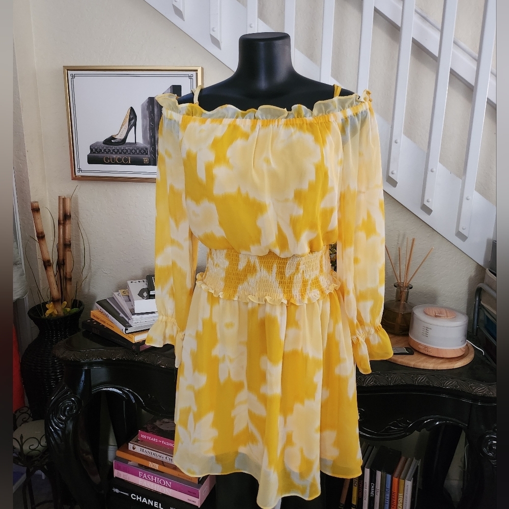 Karl Lagerfeld off-the-shoulder tie-dye floral chiffon dress size 2 - Picture 2 of 6